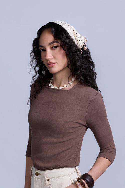 Square Neck Ribbed Tee - Chocolate Brown