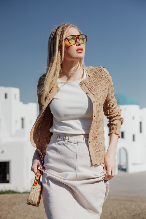 Ruched Button-Down Top - Tan