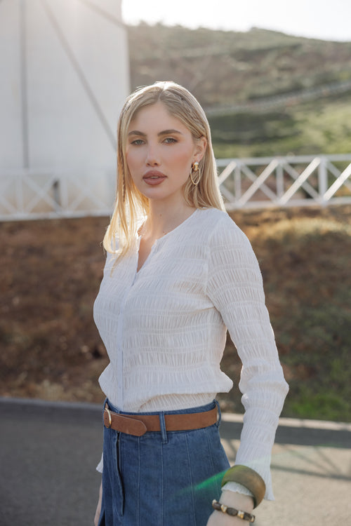 Ruched Button-Down Top - White