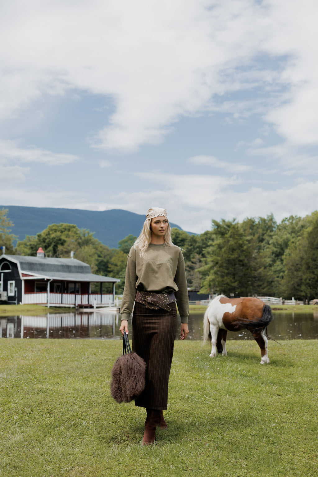 Belted pinstripe skirt