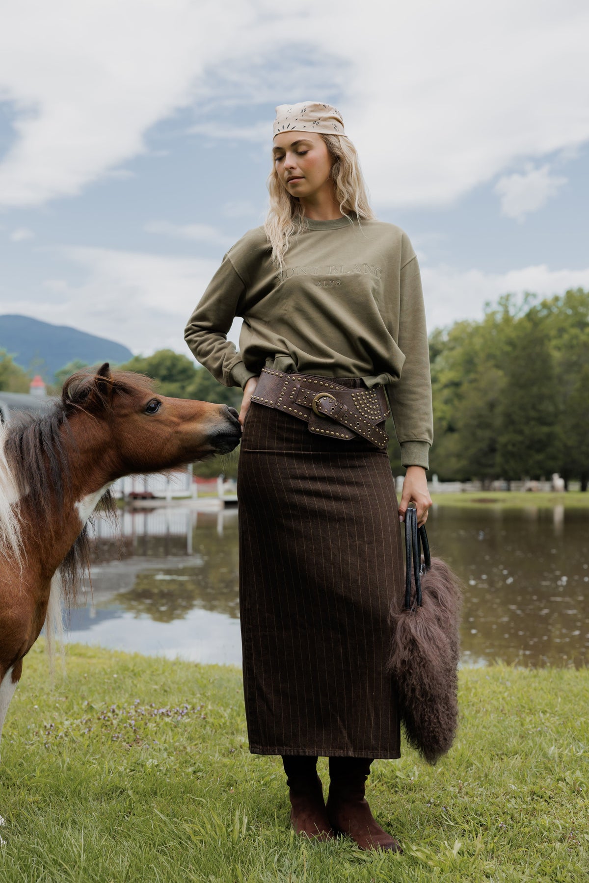 Belted pinstripe skirt