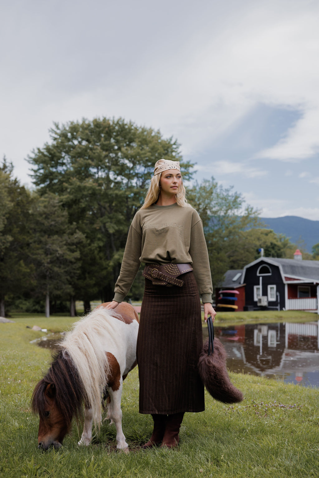 Belted pinstripe skirt