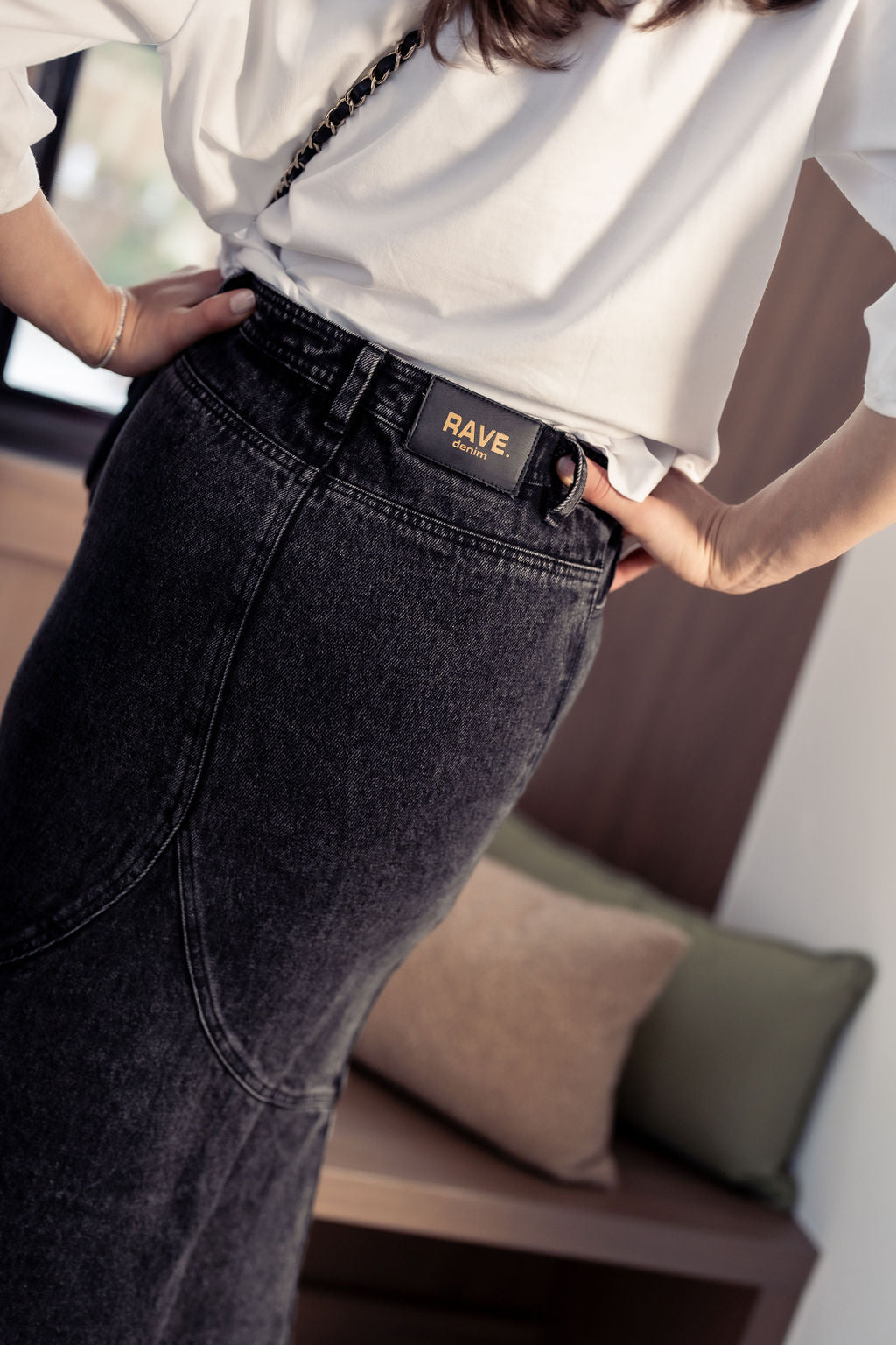 ALINE BLACK DENIM SKIRT WITH LEATHER PATCH