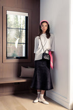 ALINE BLACK DENIM SKIRT WITH LEATHER PATCH