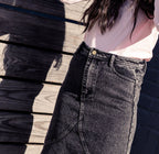 ALINE BLACK DENIM SKIRT WITH LEATHER PATCH