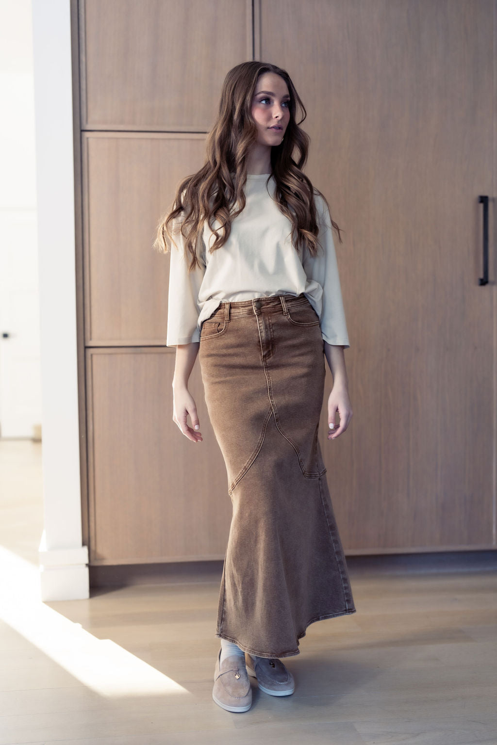ALINE BROWN DENIM SKIRT WITH LEATHER PATCH