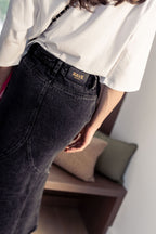 ALINE BLACK DENIM SKIRT WITH LEATHER PATCH