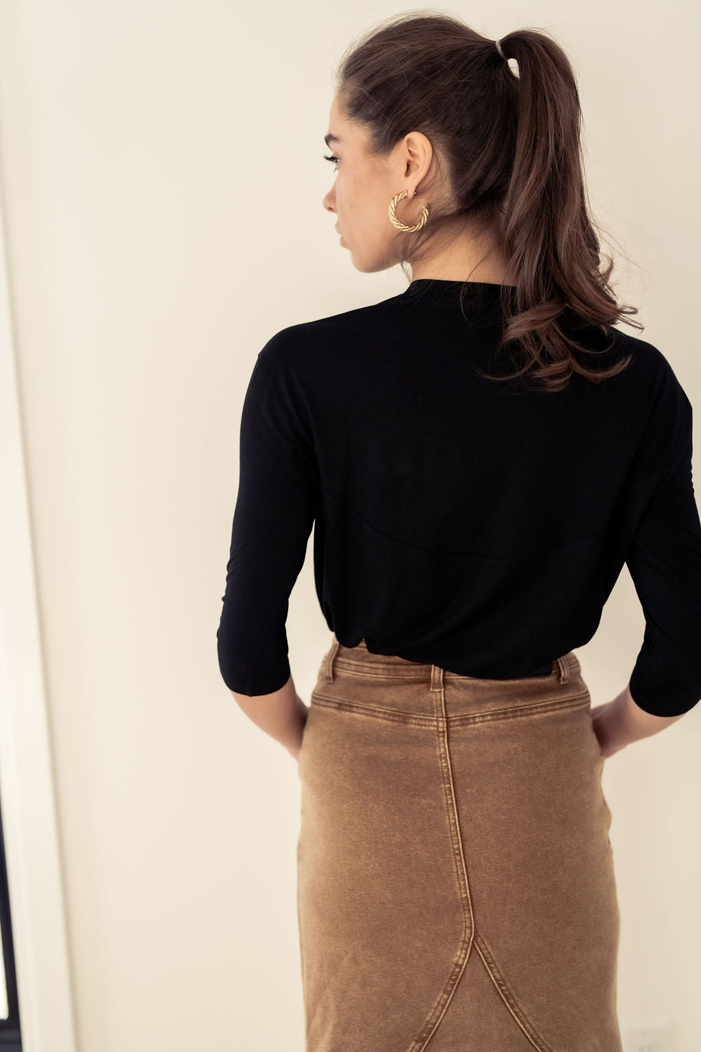 ALINE BROWN DENIM SKIRT WITH LEATHER PATCH