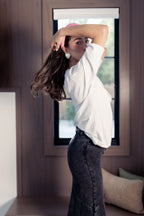 ALINE BLACK DENIM SKIRT WITH LEATHER PATCH