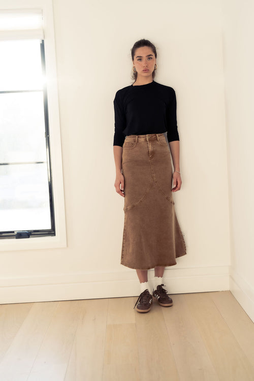 ALINE BROWN DENIM SKIRT WITH LEATHER PATCH