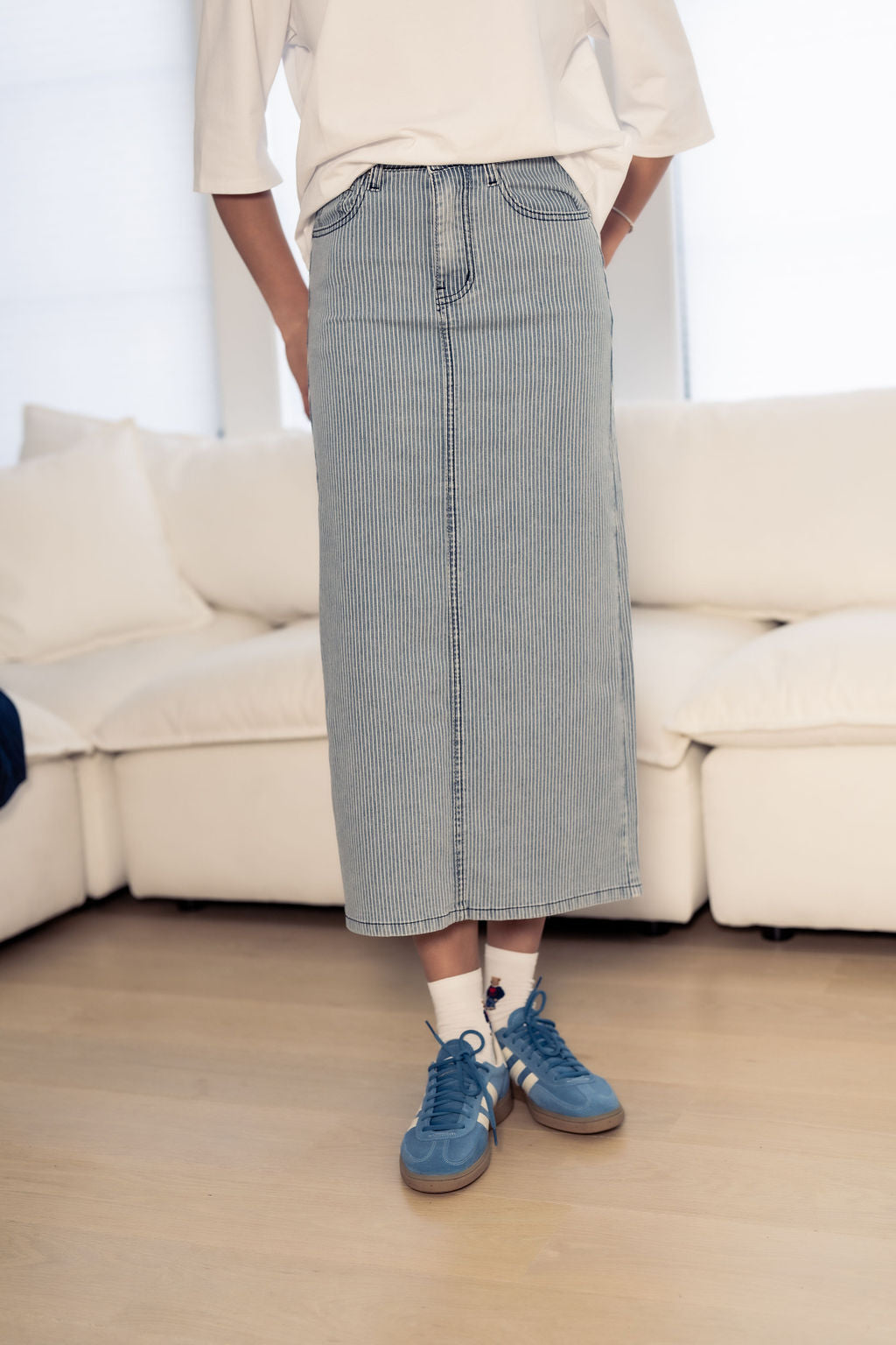 PINSTRIPE DENIM SKIRT