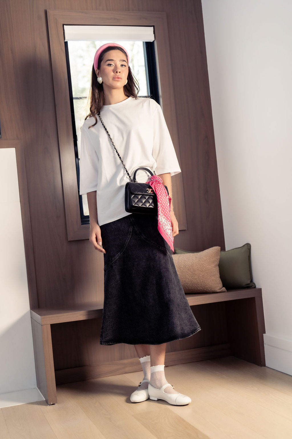 ALINE BLACK DENIM SKIRT WITH LEATHER PATCH