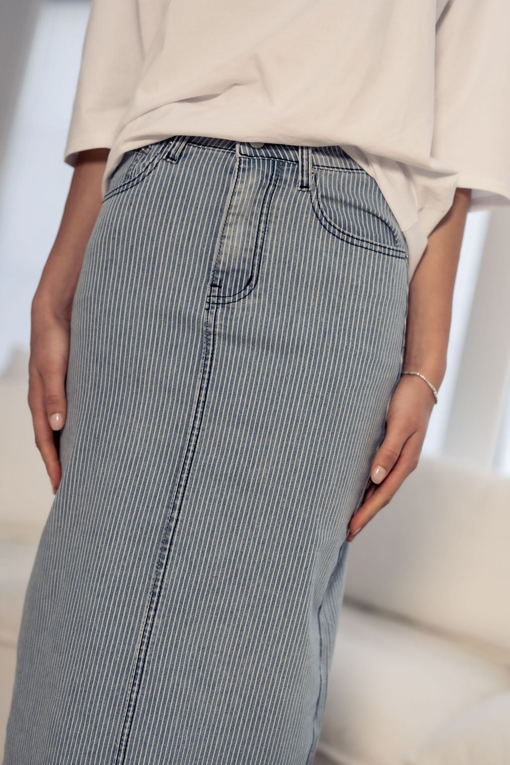 PINSTRIPE DENIM SKIRT