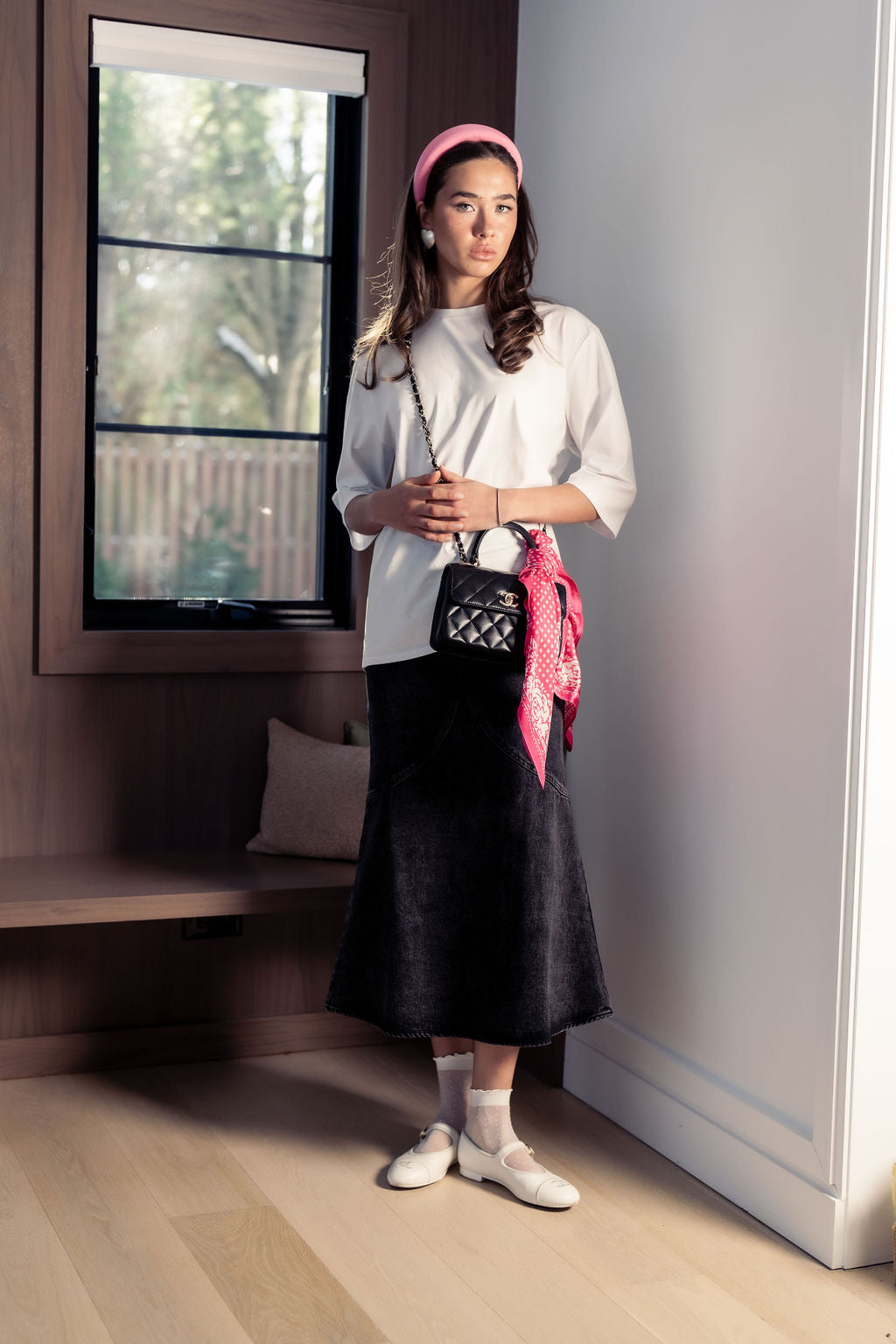 ALINE BLACK DENIM SKIRT WITH LEATHER PATCH