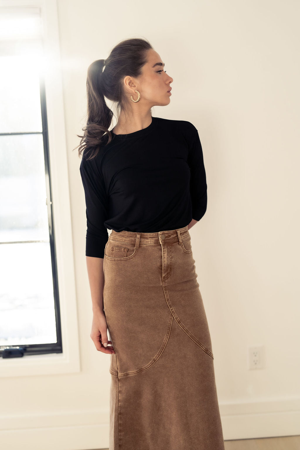 ALINE BROWN DENIM SKIRT WITH LEATHER PATCH