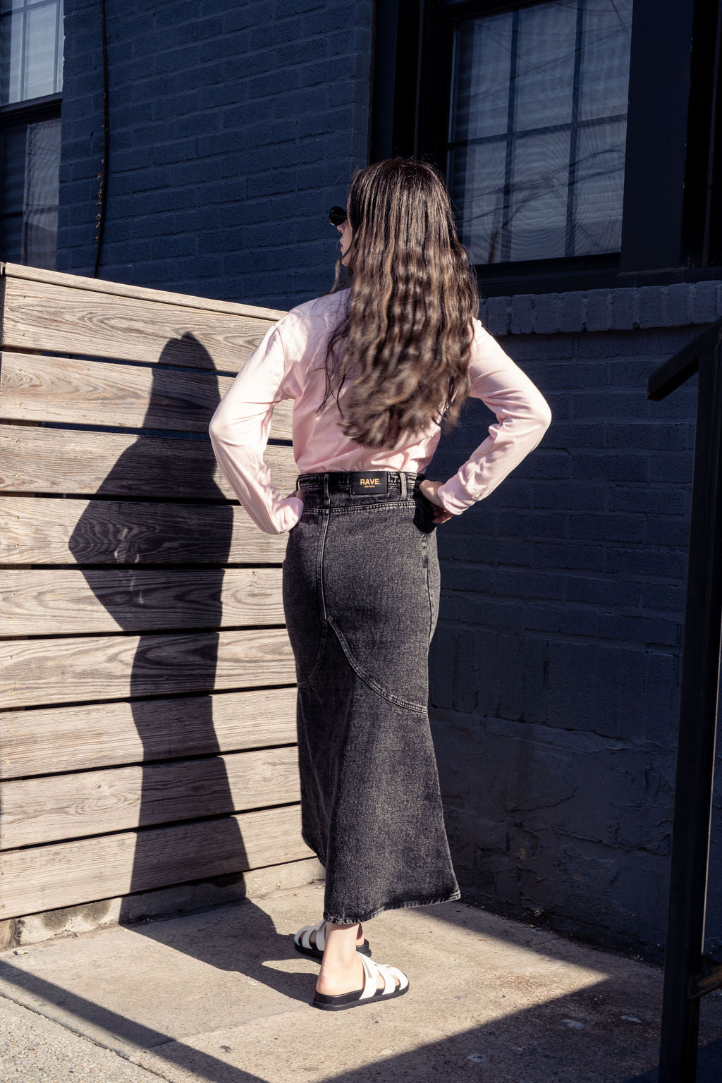 ALINE BLACK DENIM SKIRT WITH LEATHER PATCH