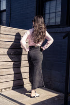 ALINE BLACK DENIM SKIRT WITH LEATHER PATCH