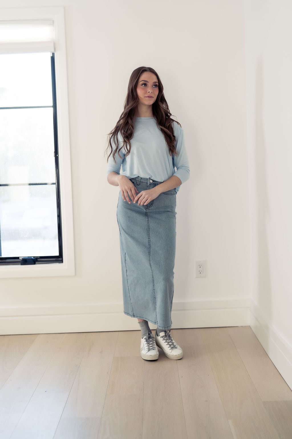 PINSTRIPE DENIM SKIRT