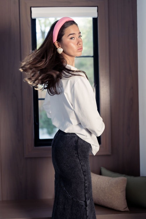ALINE BLACK DENIM SKIRT WITH LEATHER PATCH
