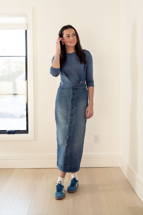 BUTTON DOWN DENIM SKIRT