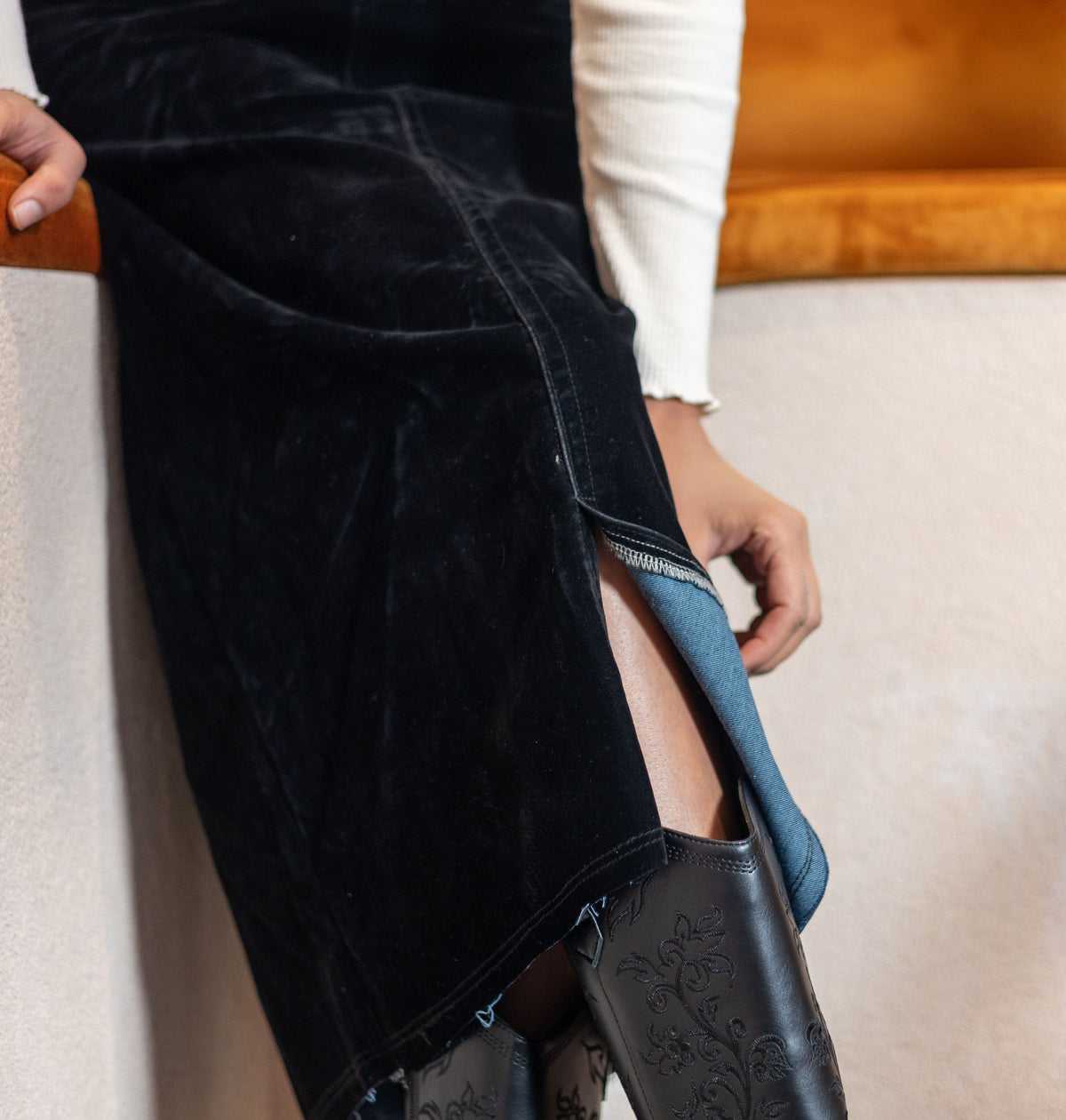 Flared Velvet Denim Midi Skirt