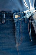 DARK WASH LEATHER PATCH SKIRT