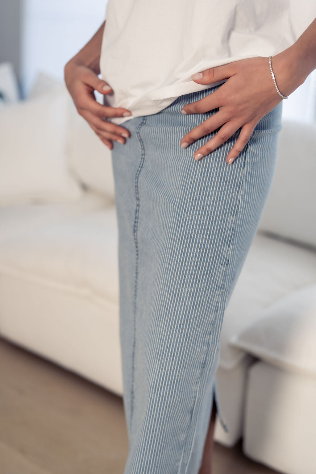 PINSTRIPE DENIM SKIRT