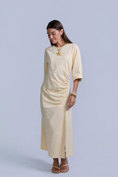 Ruched Cotton T-Shirt Dress - Pale Yellow