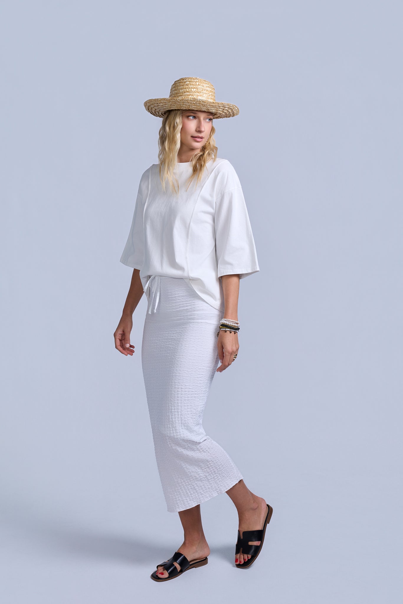 Crinkle Cotton Midi Skirt-Lined