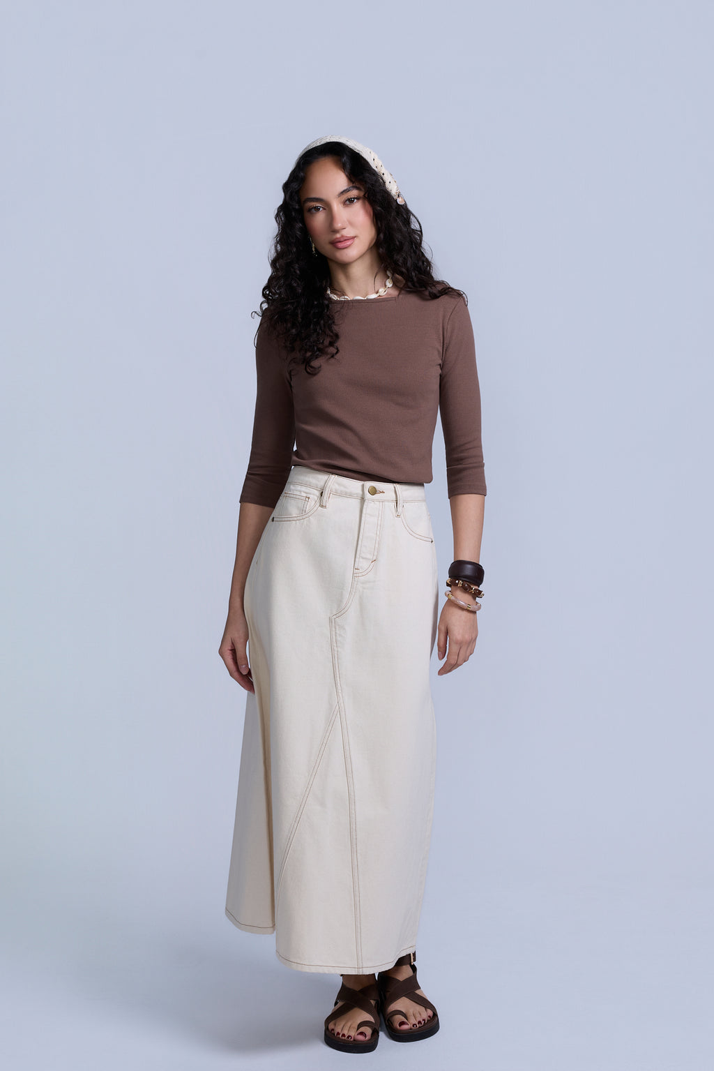 Tan Flared Denim Skirt