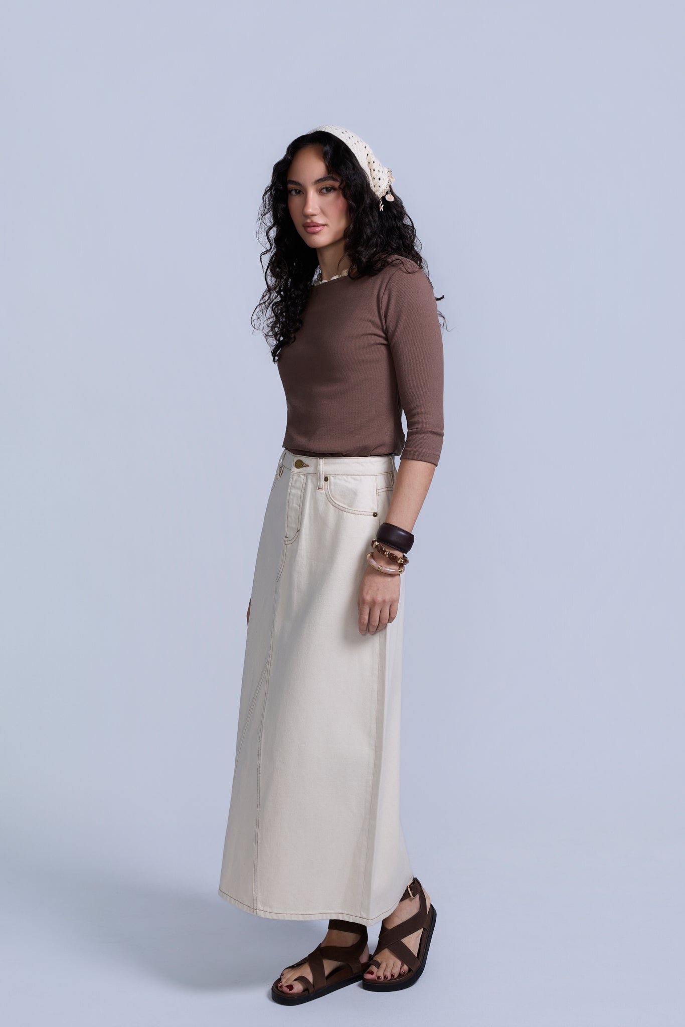 Tan Flared Denim Skirt