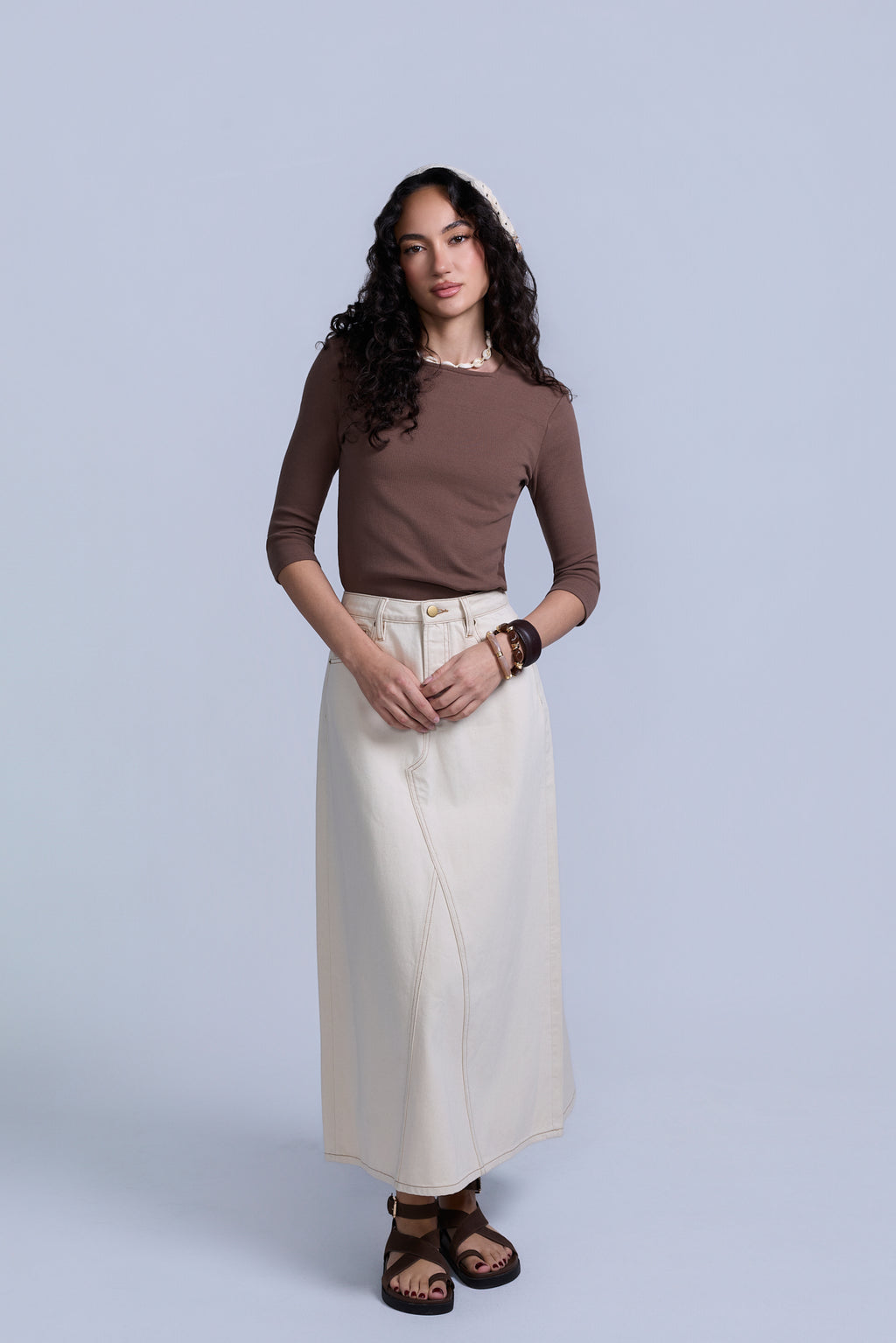 Tan Flared Denim Skirt