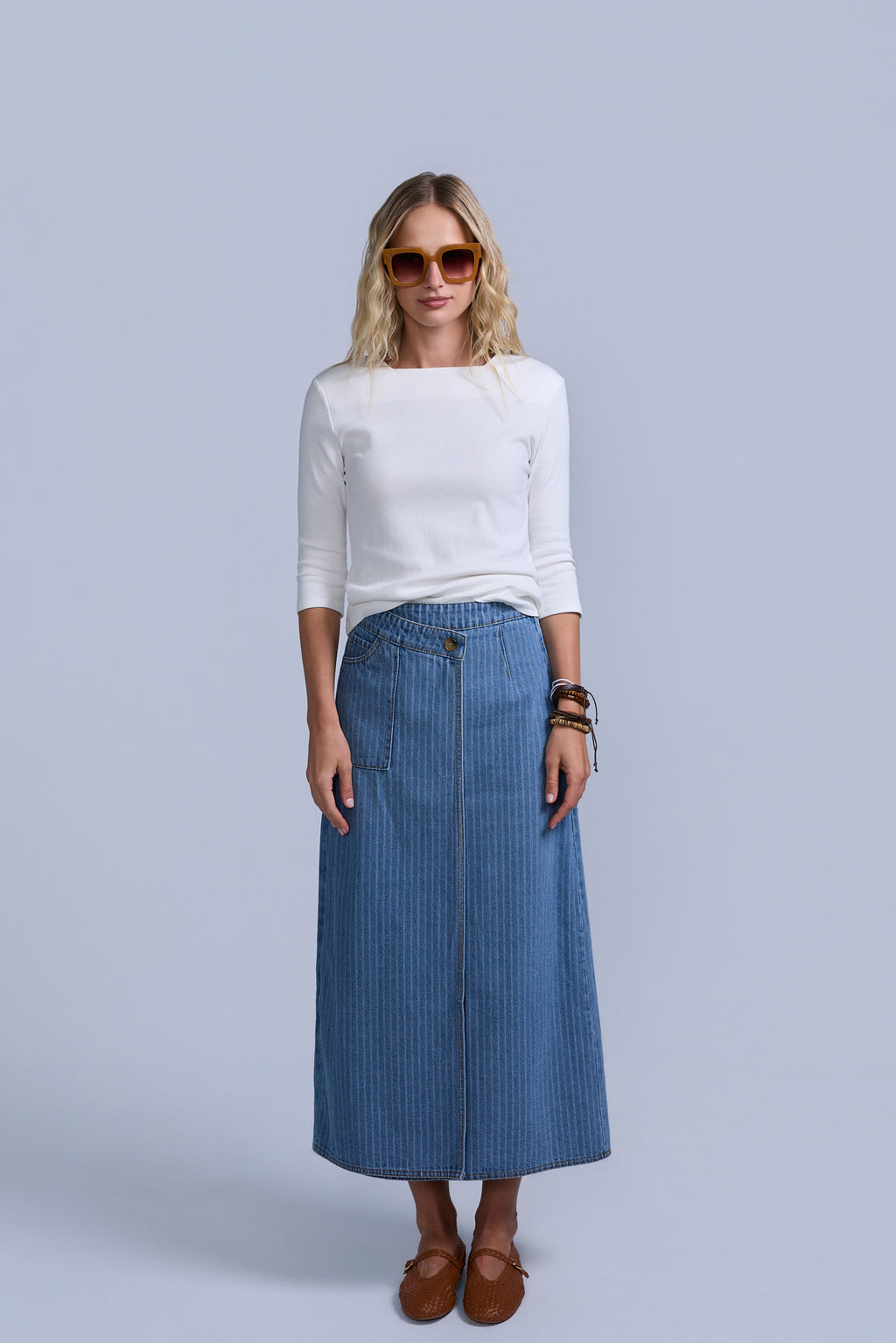 Pinstripe Wrap Denim Skirt