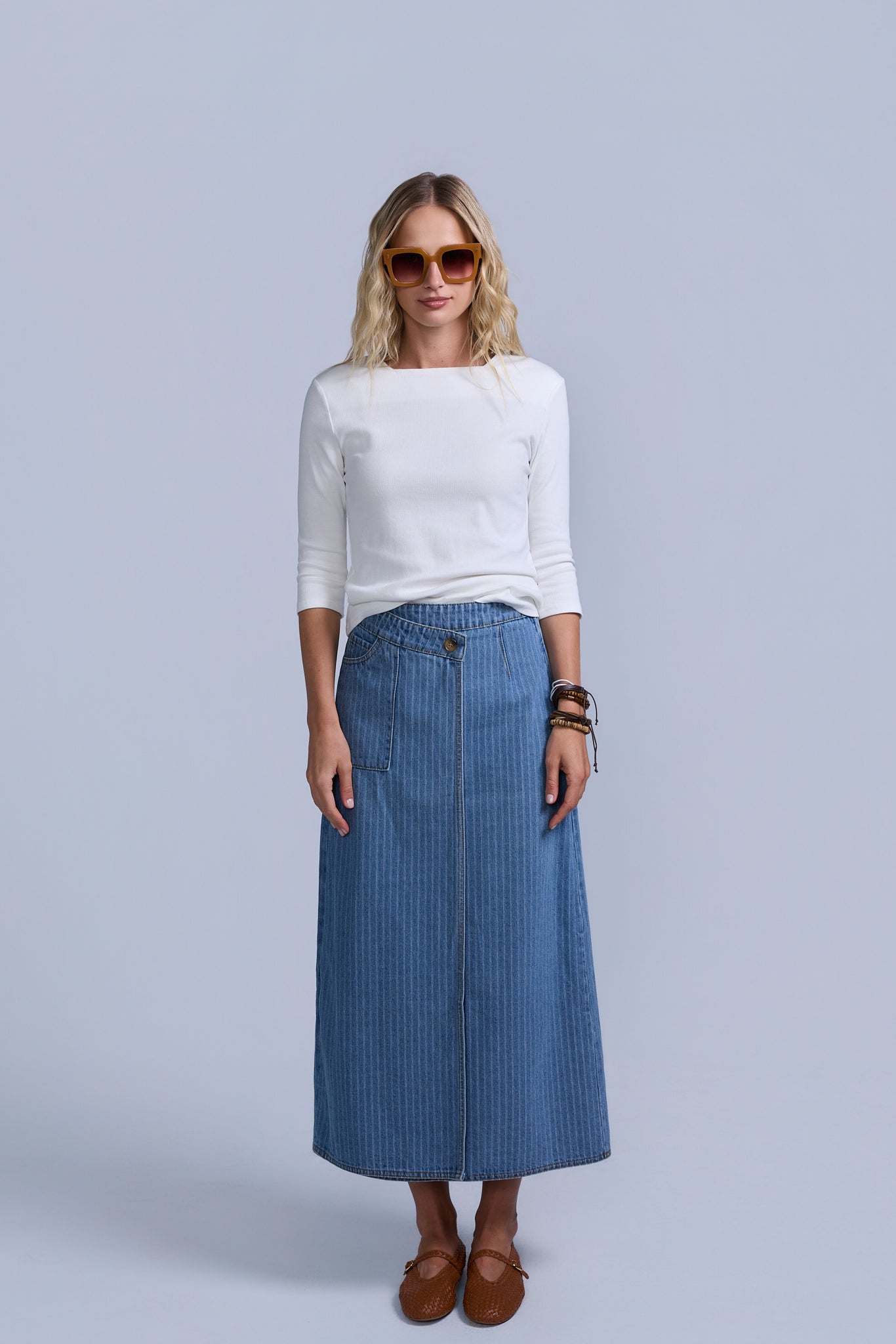 Pinstripe Wrap Denim Skirt