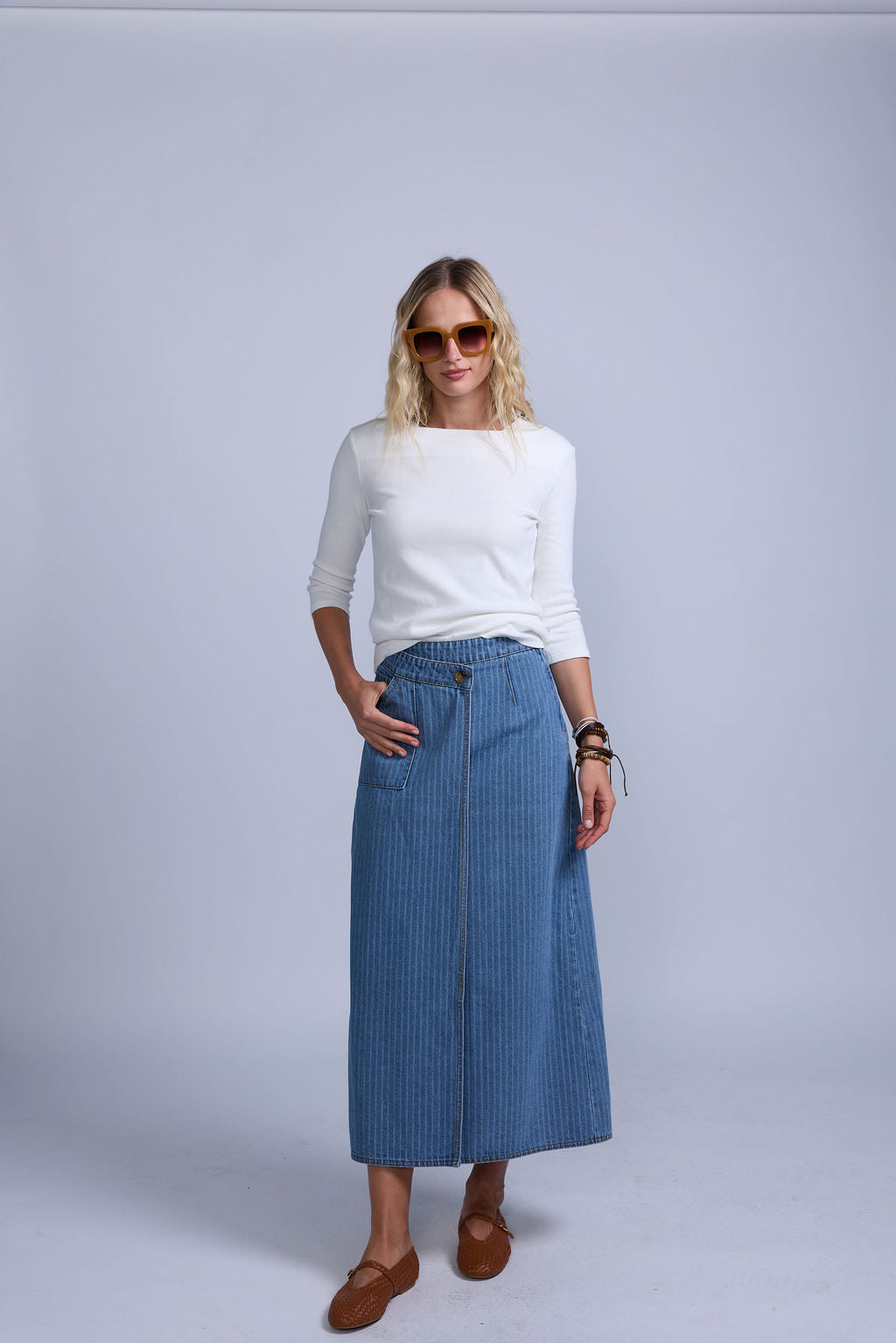 Pinstripe Wrap Denim Skirt
