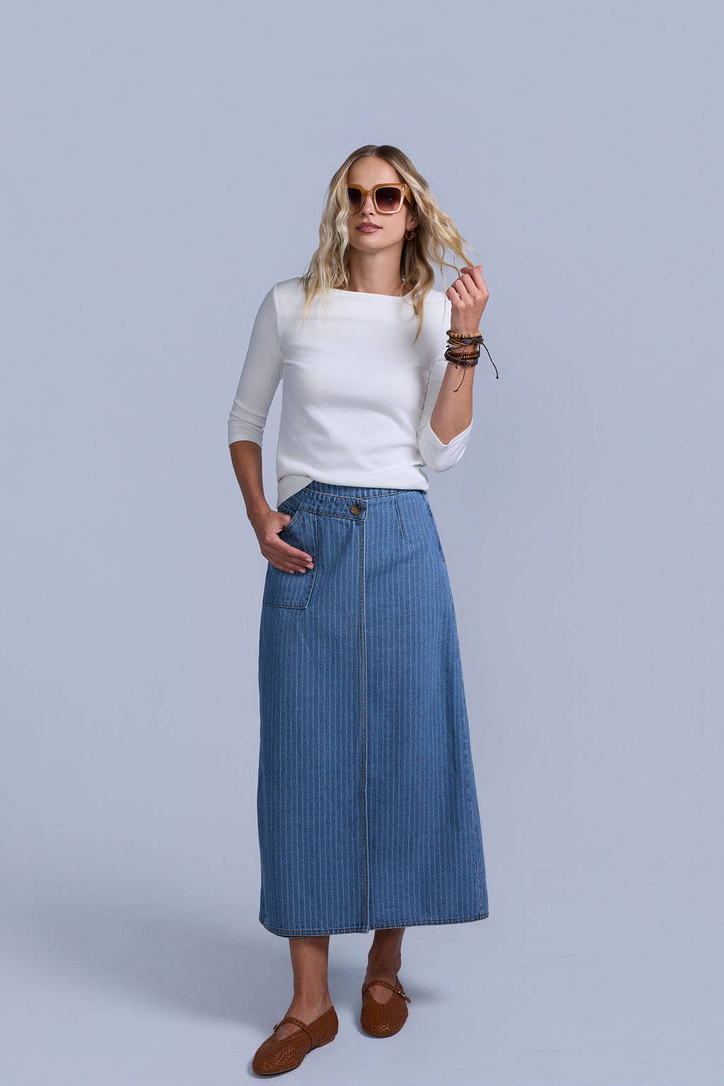 Pinstripe Wrap Denim Skirt