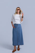 Pinstripe Wrap Denim Skirt