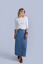 Pinstripe Wrap Denim Skirt