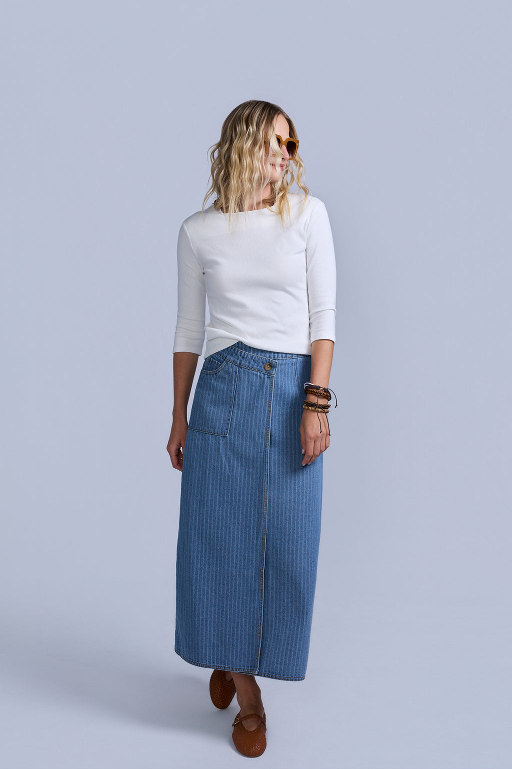 Pinstripe Wrap Denim Skirt