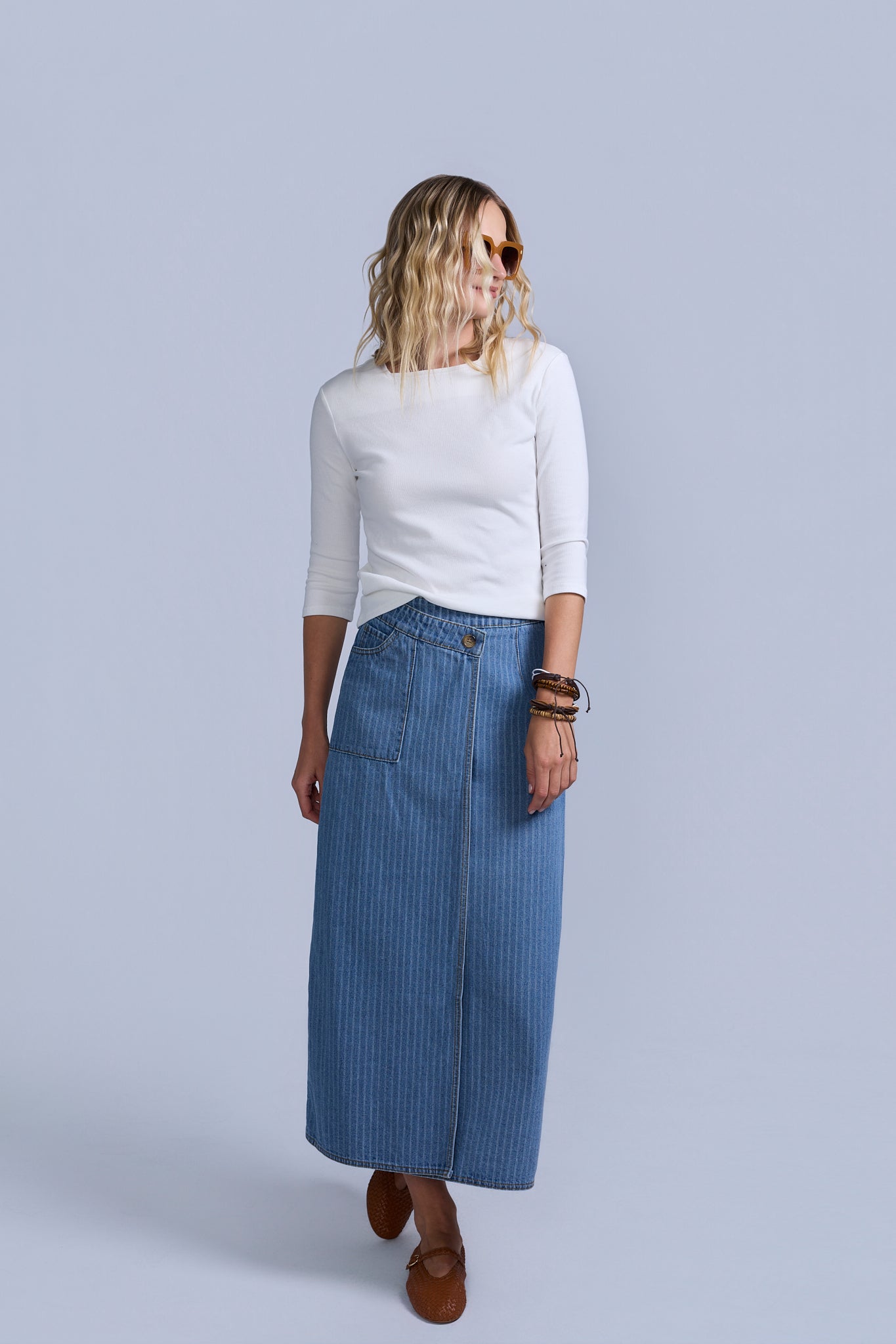Pinstripe Wrap Denim Skirt