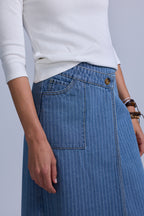 Pinstripe Wrap Denim Skirt