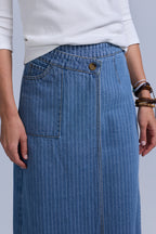 Pinstripe Wrap Denim Skirt
