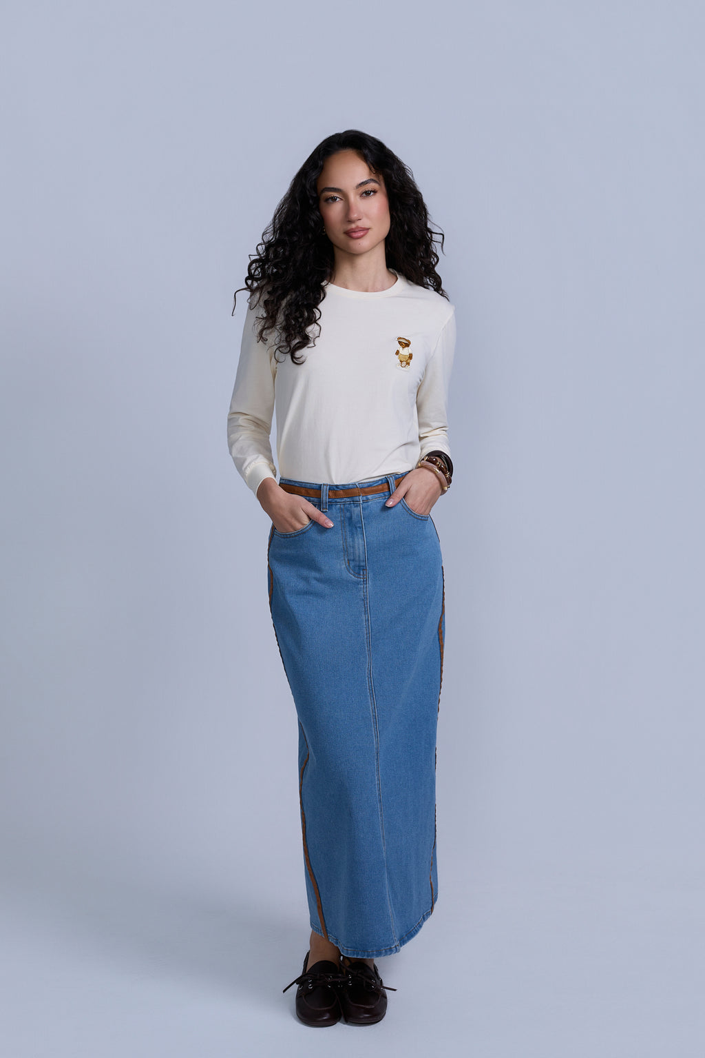 Denim Skirt with Leather Detail