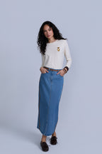 Denim Skirt with Leather Detail