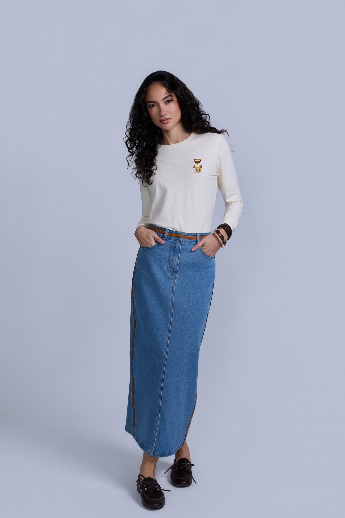 Denim Skirt with Leather Detail