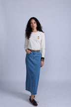 Denim Skirt with Leather Detail