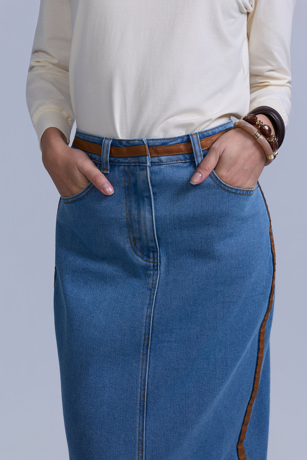 Denim Skirt with Leather Detail