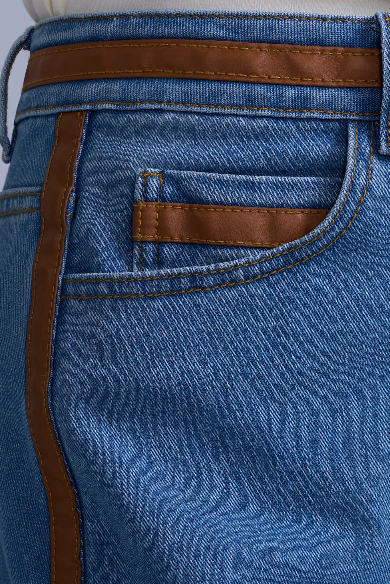 Denim Skirt with Leather Detail