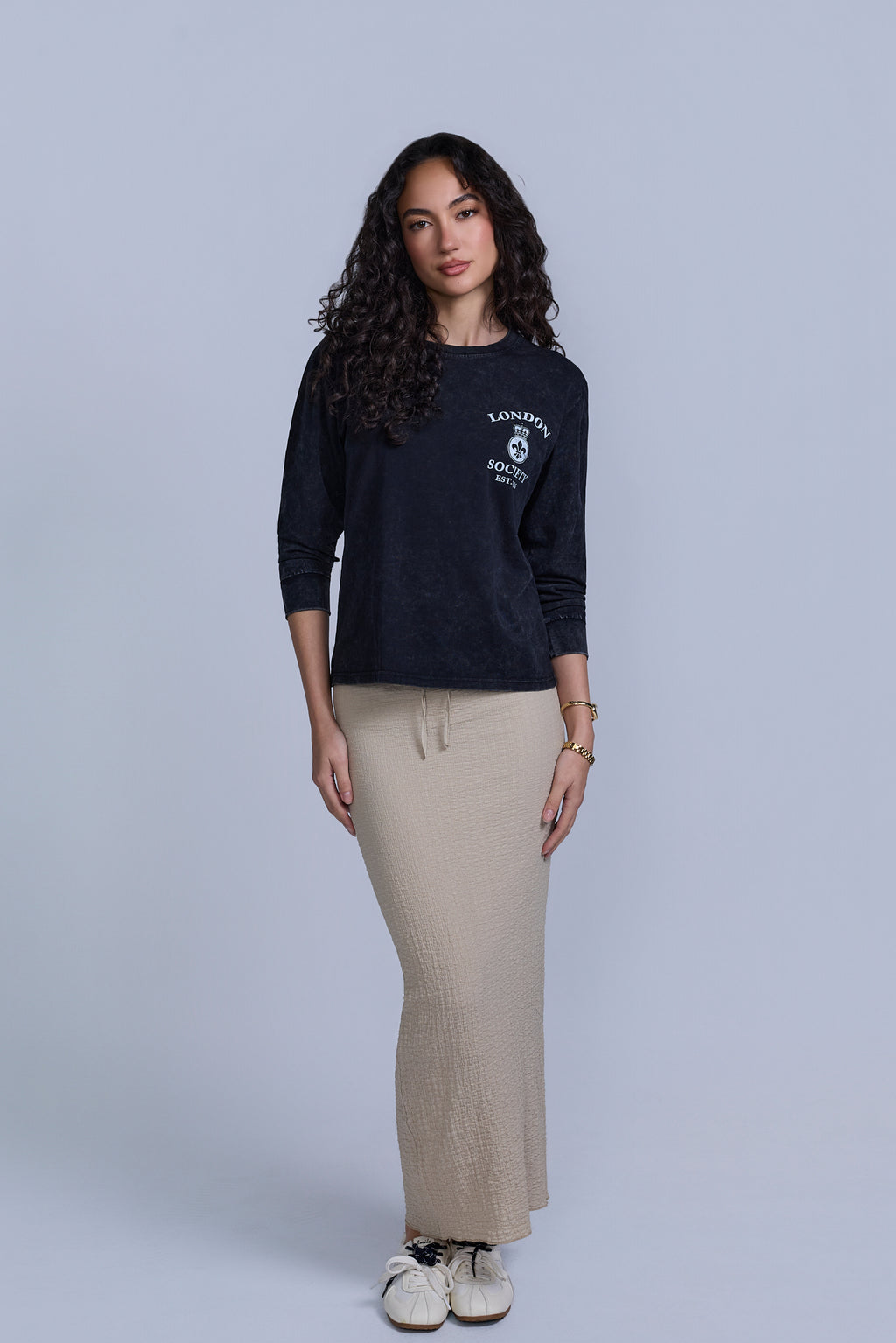 Crinkle Cotton Midi Skirt-Lined