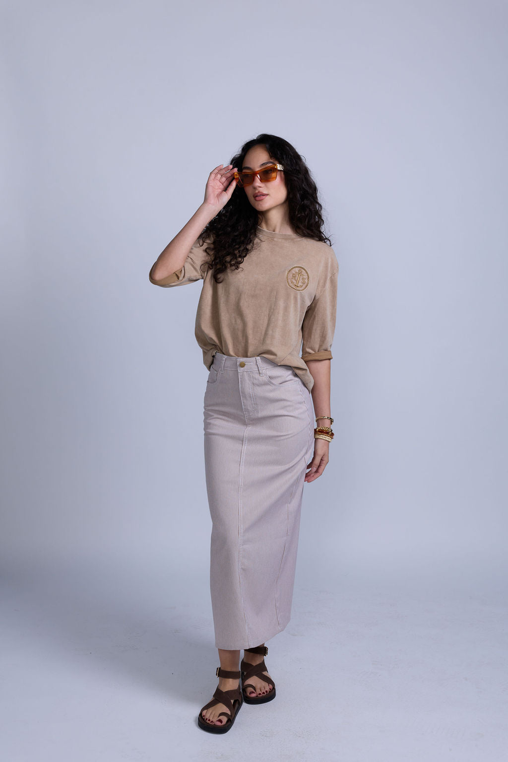 Tan Pinstripe Denim Skirt